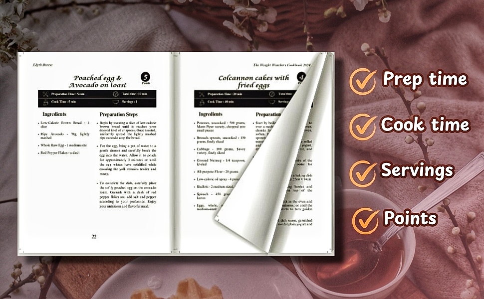 The Weight Watchers Cookbook 2024: A collection of 80 wholesome recipes to help you lose weight without sacrificing taste + budget-friendly tips for ... dishes. (Weight Loss and Healthy Food Living) 7 2 pages of the book interior opened at the left side with a text by the right.