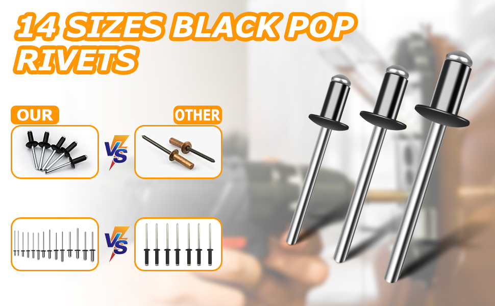 500pcs Black Pop Rivets Assortment Kit, 14 Sizes Aluminum