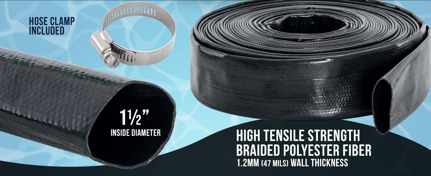 U.S. Pool Supply 1.5'' x 50' Black Rhino backwash hose, extra heavy-duty, burst-resistant with clamp