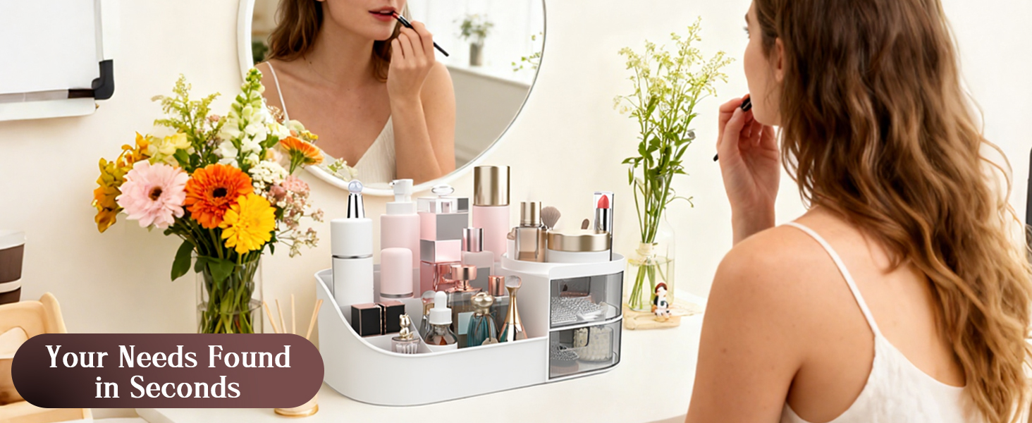 Text reads 'Your Needs Found in Seconds'. Series of images showing beauty or skincare products in bright, well-lit settings with flowers and natural elements.
