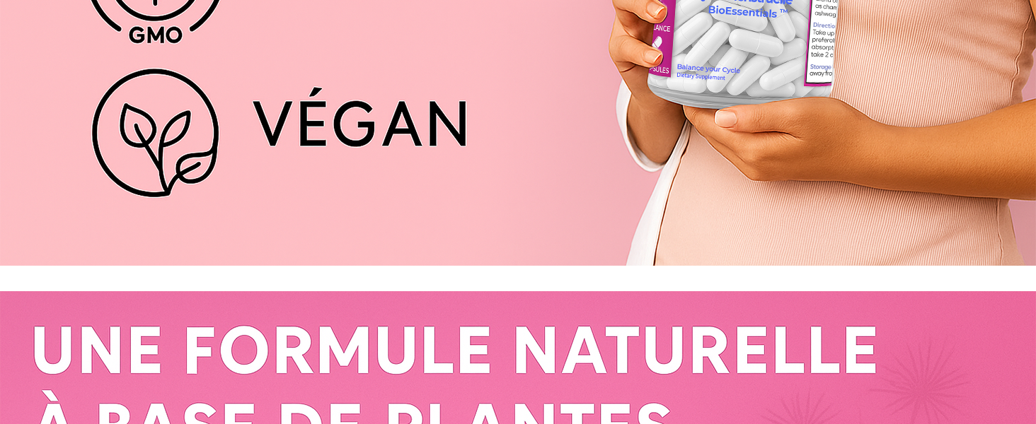 Le texte indique « VÉGAN » et « UNE FORMULE NATURELLE ». Imagerie marketing des produits avec des ingrédients naturels sur fond rose