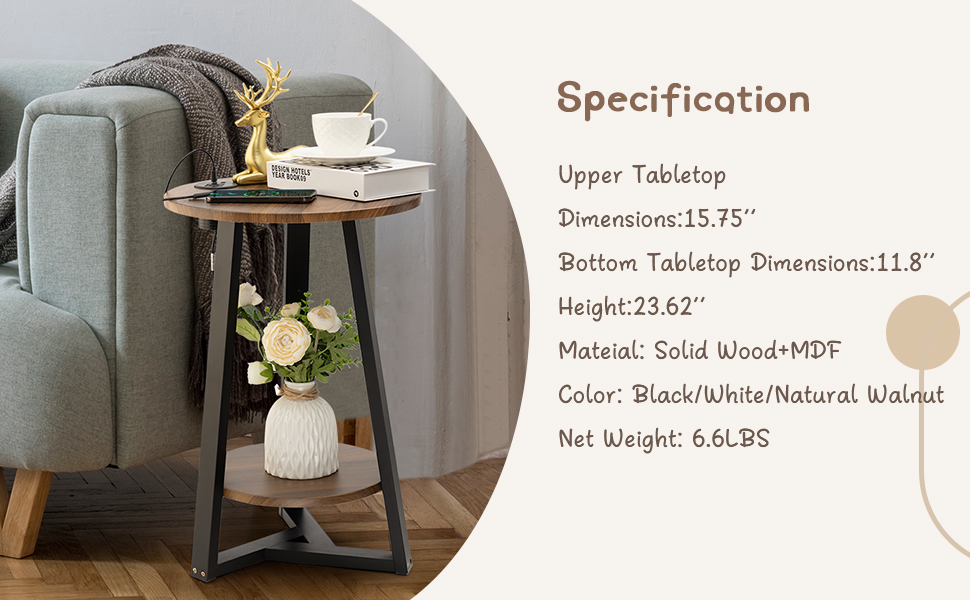 TINSAWOOD End Table with USB Ports and Outlet, Small Round