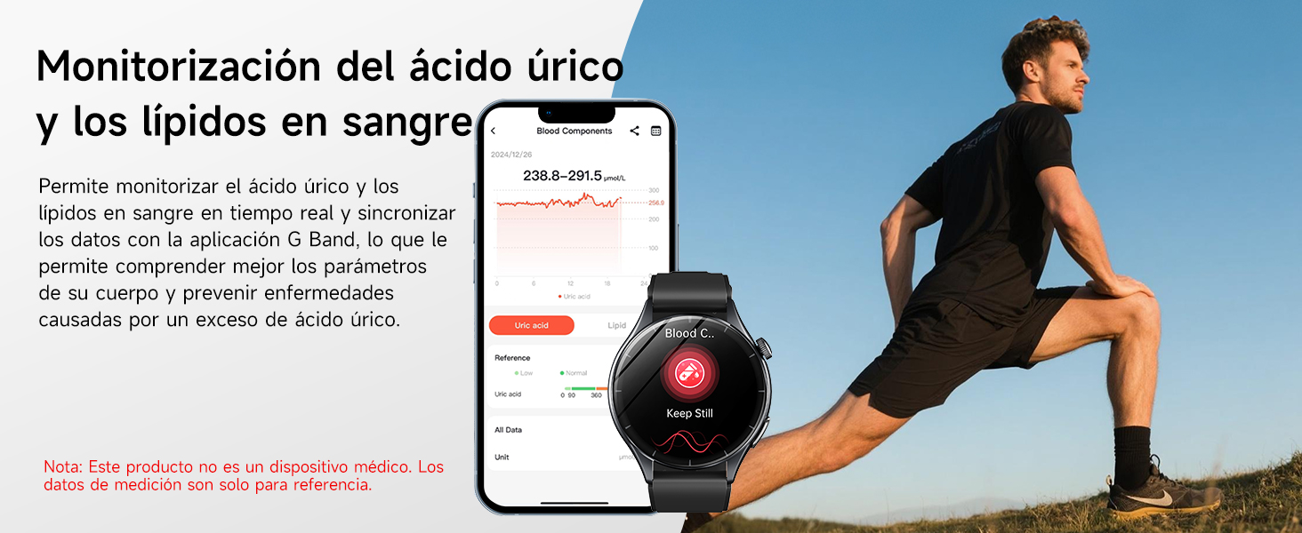 The text says «Monitorization of uric acid and blood lipids». Medical infographics that show information about exercise and health monitoring with diagrams and text in Spanish.