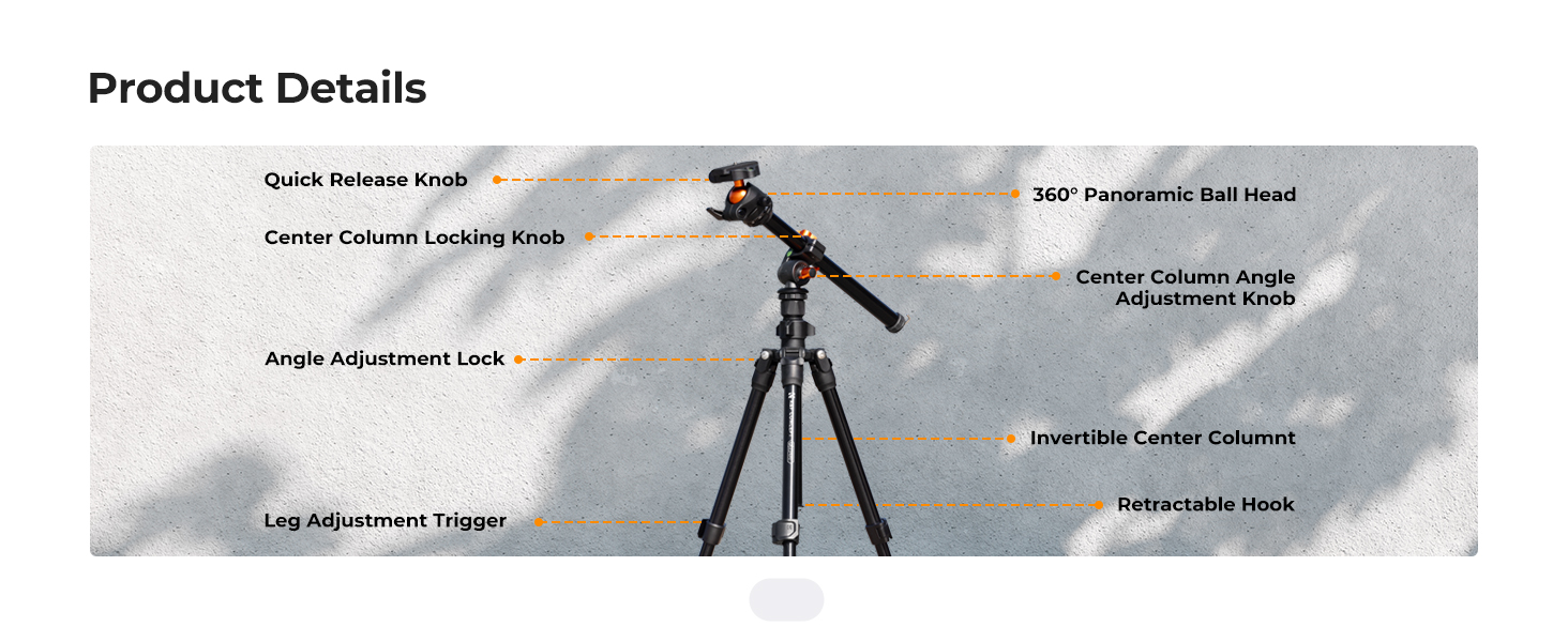 Technical diagram labeled 'Product Details' showing tripod components including ball head, locking mechanisms, and adjustment features with detailed callouts.
