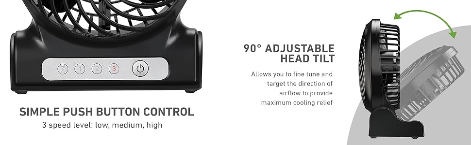 Simple Push Button Control; 90° Adjustable Head Tilt