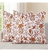 decorUhome Floral Throw Pillow Covers 18x18 Inch Set of 2, Rust Vintage Block Print Linen Fall Pi...