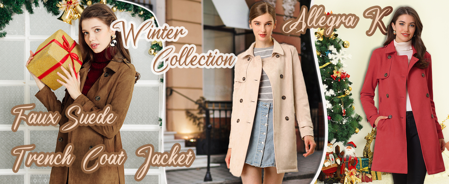 Winter collection featuring three women's coats: faux suede trench coat, beige long coat, and red coat. Text overlays indicate styles.