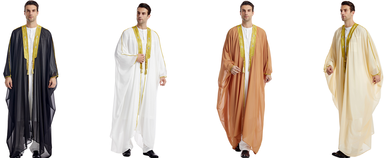 Men Arabic Long Sleeve Muslim Thobe Kaftan Robe Pure Color Thobe Crew Stand Collar Kaftan Robe