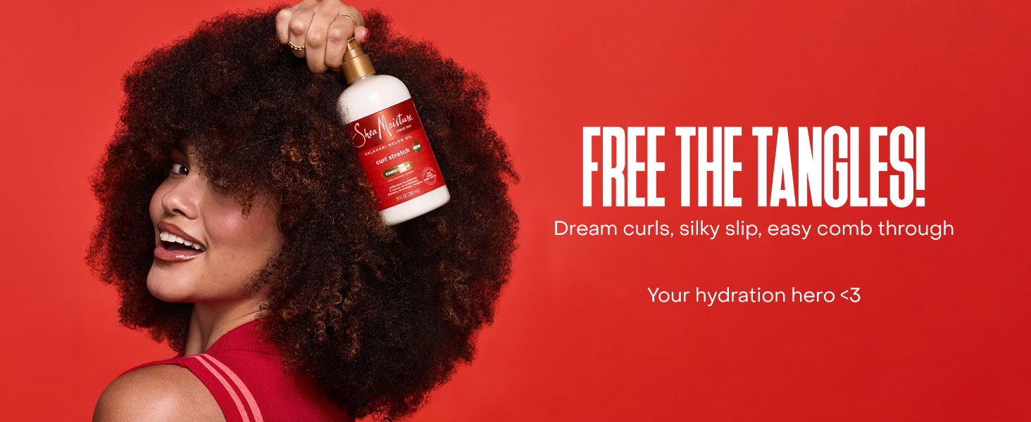 Woman with full, curly, dark hair holding Curl Stretch Conditioner next to text on red background.