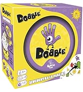 El texto dice «BOGGLE». Serie de imágenes de productos que muestran cajas amarillas de juegos de mesa con detalles morados e ilustraciones de dibujos animados a mano.