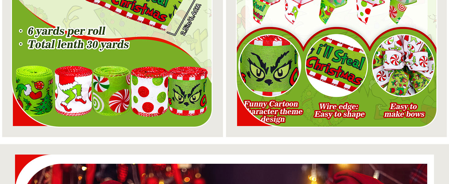 JarThenaAMCS 5 Rolls Christmas Wired Edge Ribbon Xmas Funny