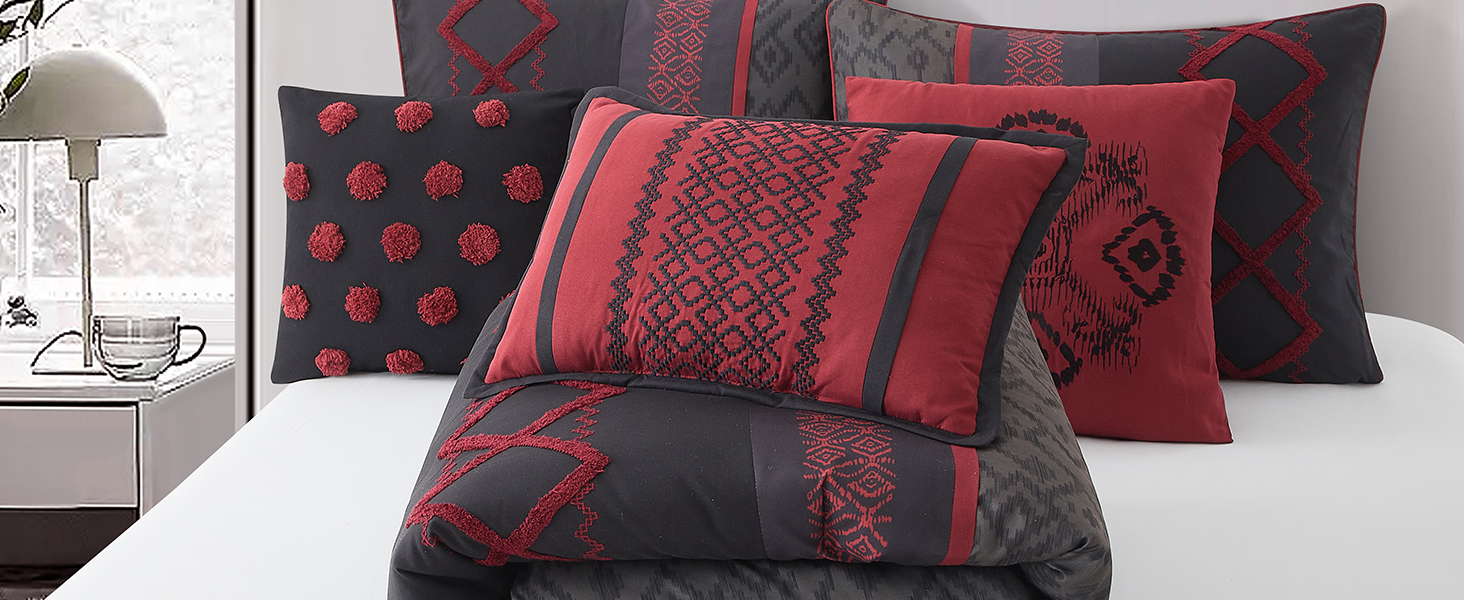 LANCO MODERN LIFESTYLE Black Red Queen Comforter Set, 7