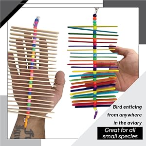 Bird toy with colorful sticks beads handcrafted in the USA safe spinning chewing fun for small birds