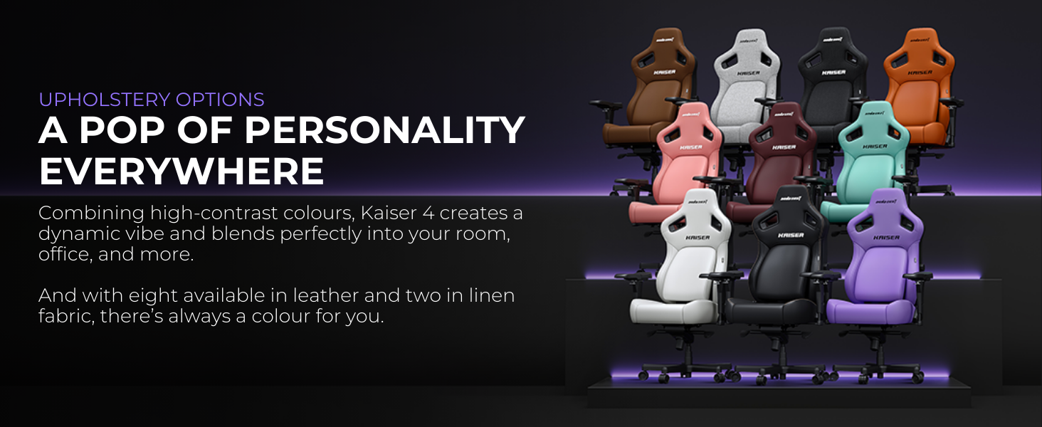Display of colorful gaming chairs in various styles and colors, including brown, white, black, orange, teal, and purple. Text highlights customizable upholstery options.