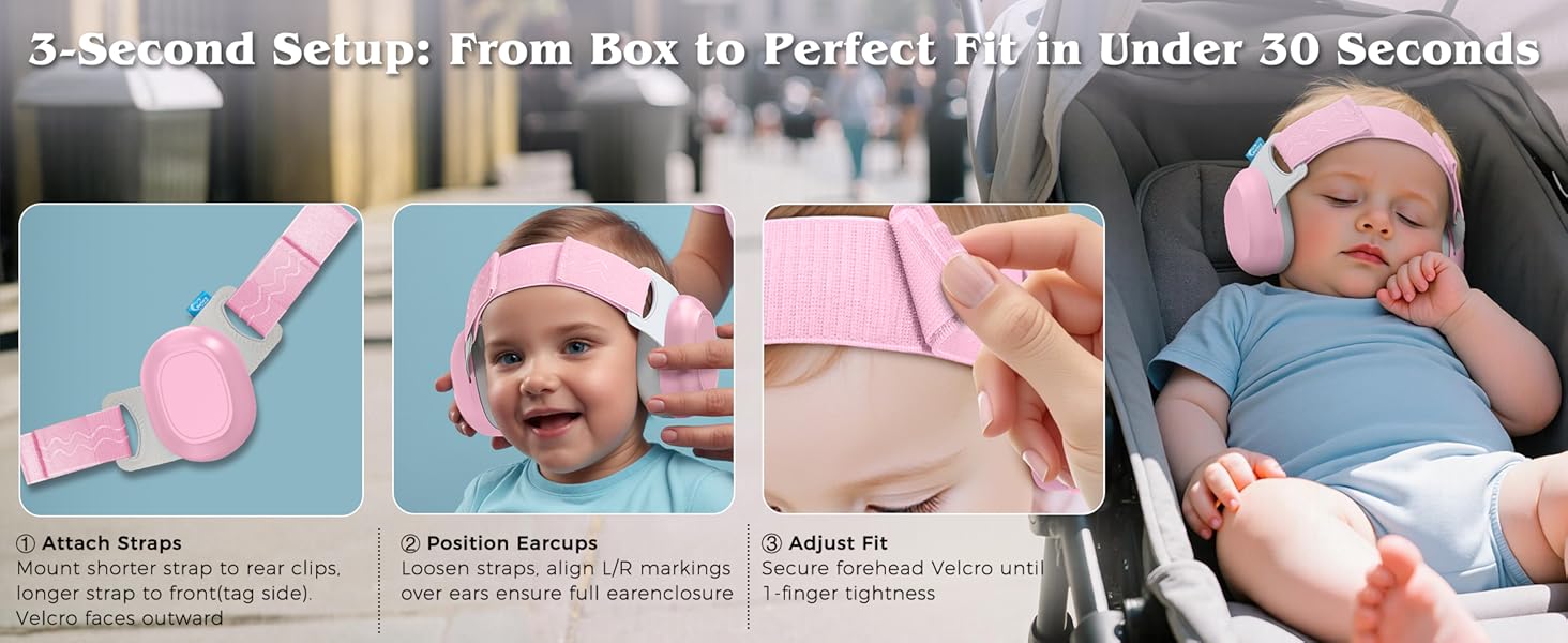 Put on the earmuff with just 3 simple steps. Attach straps, position earcups, and then adjust fit.