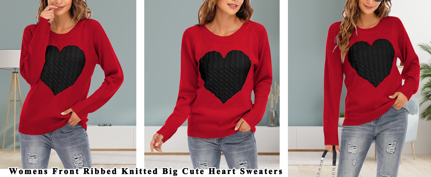 Women's Long Sleeve Crew Neck Front Big Cute Heart Loose Casual Pullver Sweaters