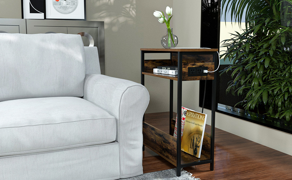 Lazyvan Narrow Side Table with Charging Station for Small