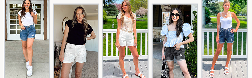 Collage de cinq femmes portant différents styles de shorts et de hauts. Les tenues comprennent des shorts en jean, des shorts blancs et des hauts décontractés de différentes couleurs, mettant en valeur les tendances de la mode estivale