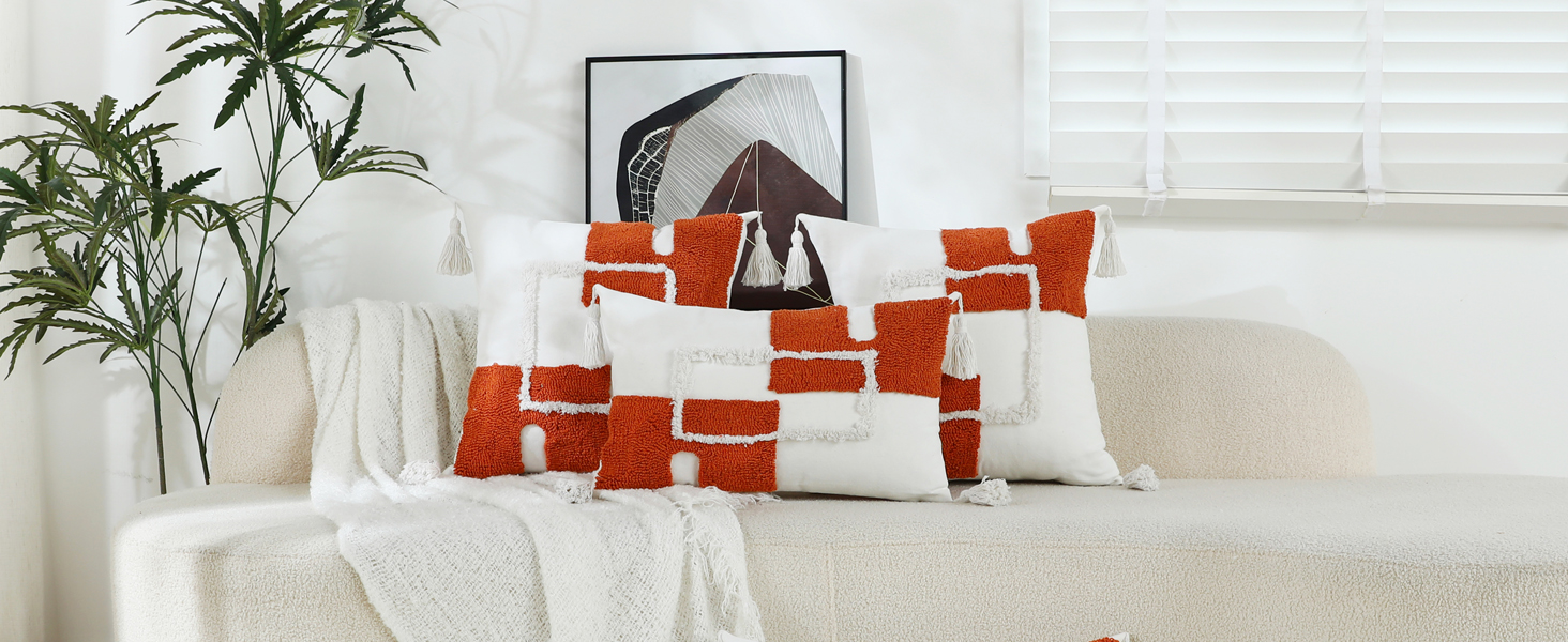 Oirpro White and Burnt Orange Throw Pillow Covers 18x18