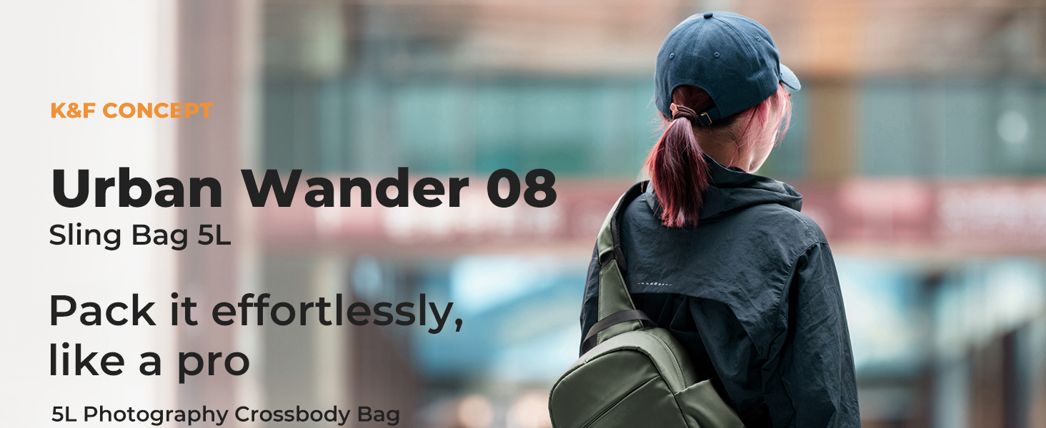 Urban Wander 08 sling bag, 5L capacity. Green crossbody bag worn by person in cap, designed for effortless packing and professional use.
