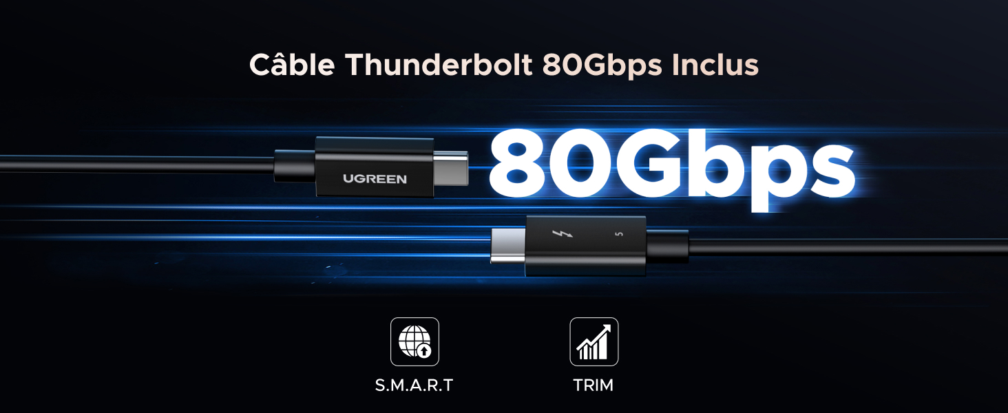 avec un taux de transfert de données de 80 Gbit/s. Câble noir avec connecteurs métalliques, orné des icônes des technologies S.M.A.R.T et TRIM. Le nom du produit « UGREEN » est visible sur le connecteur
