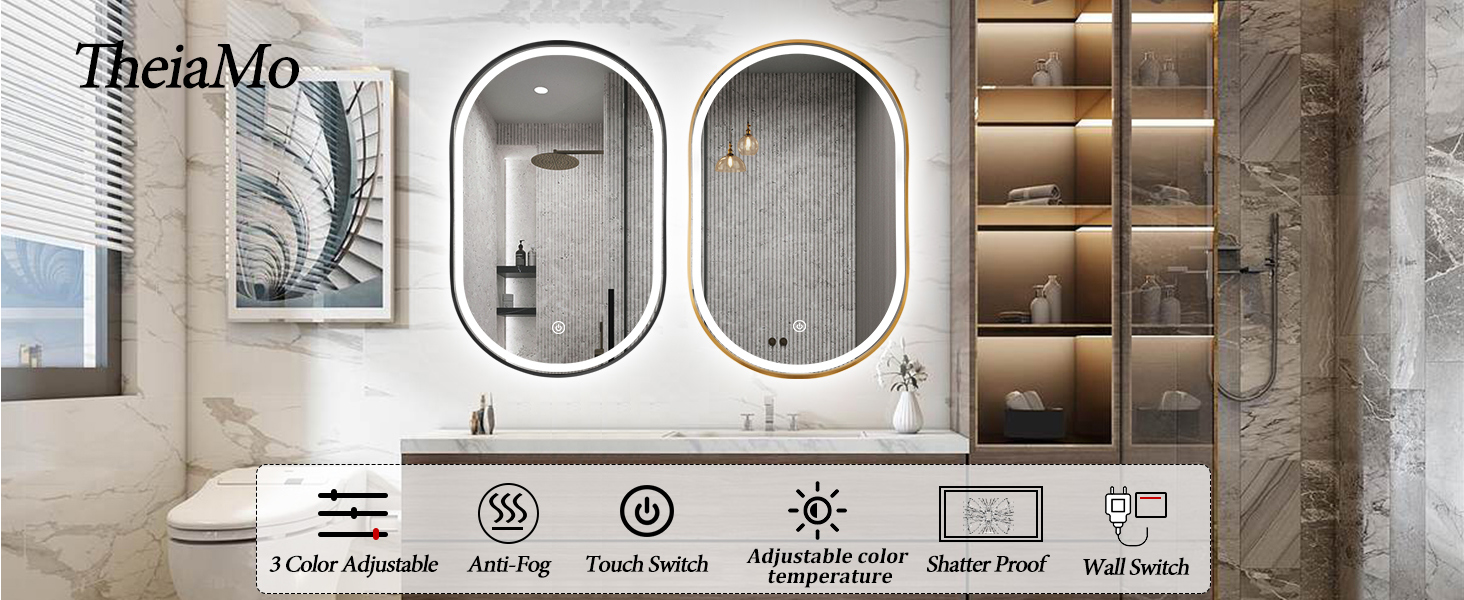 TheiaMo Oval LED Bathroom Mirror, 33"x20" Lighted Wall