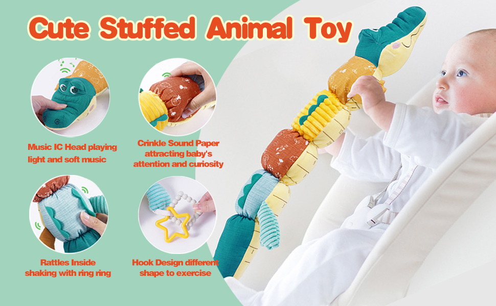 DMG Musical Crocodile Baby Toys, Activity Soft Toys with Multi-Sensory Crinkle, with Rattle, Ruler &Multi-Textures, Baby Teething Toys, Cute Stuffed Animal Tummy Time Toys for Newborn 0 3 6 12 Months 21 2