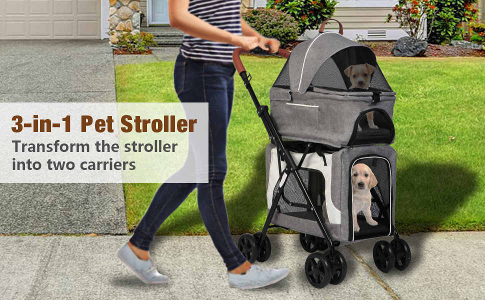 Vilobos Double Pet Strollers,3 in 1 Detachable Four Wheels