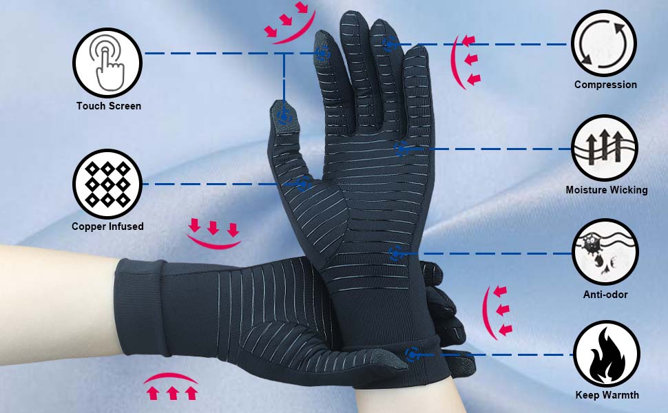 2 Pairs Full Finger Copper Arthritis Compression Gloves