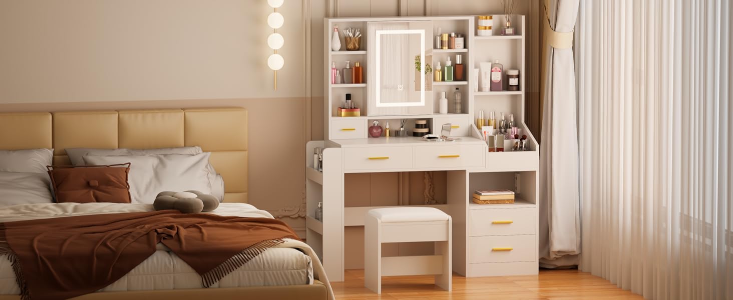 BEWISHOME White Vanity Desk with Mirror and Lights,Large