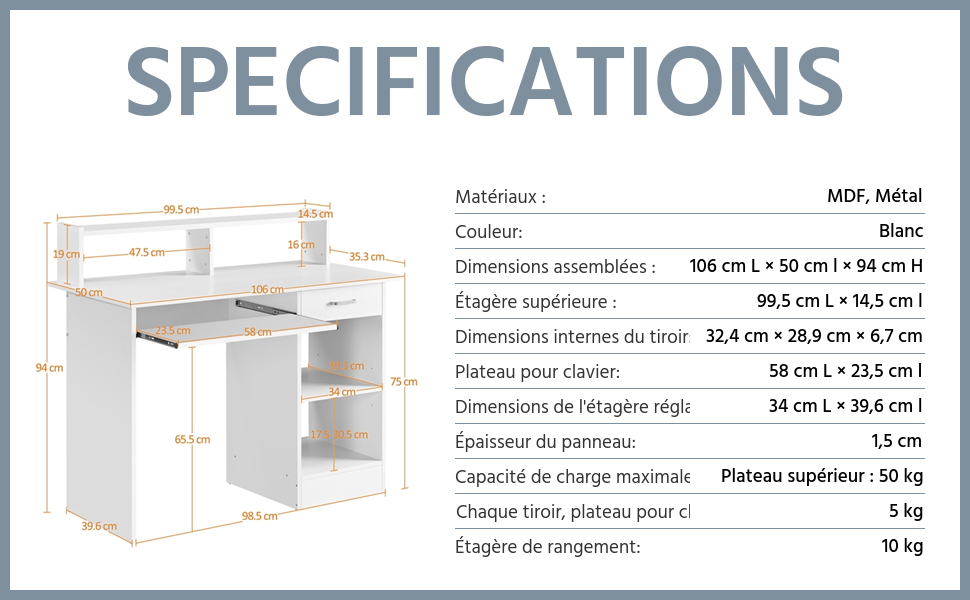 Schéma des spécifications d'un meuble blanc, probablement un bureau ou une table. Les mesures et les capacités de poids sont répertoriées en français.