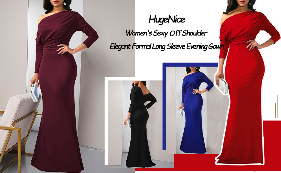 Women's Sexy Off Shoulder Elegant Formal Long Sleeve  Evening Gown