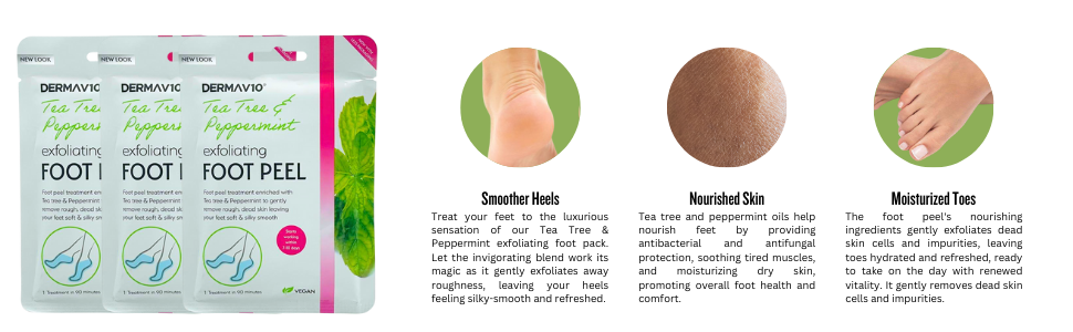 Exfoliating foot peel for smoother heels, nourished skin, and moisturized toes.