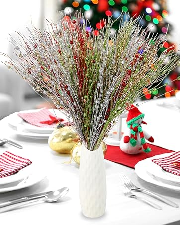 Artificial Glitter Berry Stem Ornaments Fake Christmas Branches Picks for Xmas Tree