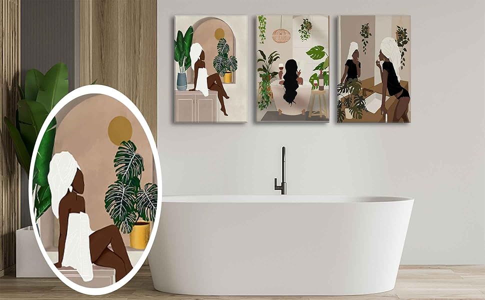 3Pcs Black Girl Bathroom Wall Art