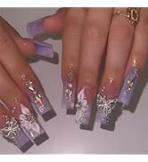 IMRAIN Press on Nails Long Square Fake Nails Purple Gradient Glossy False Nails Full Cover Glue o...