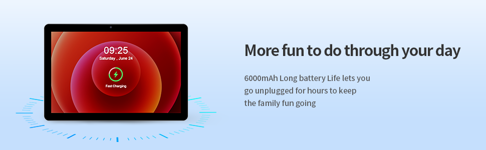 Tablet device displaying red circular interface, with text promoting long battery life and family entertainment features.