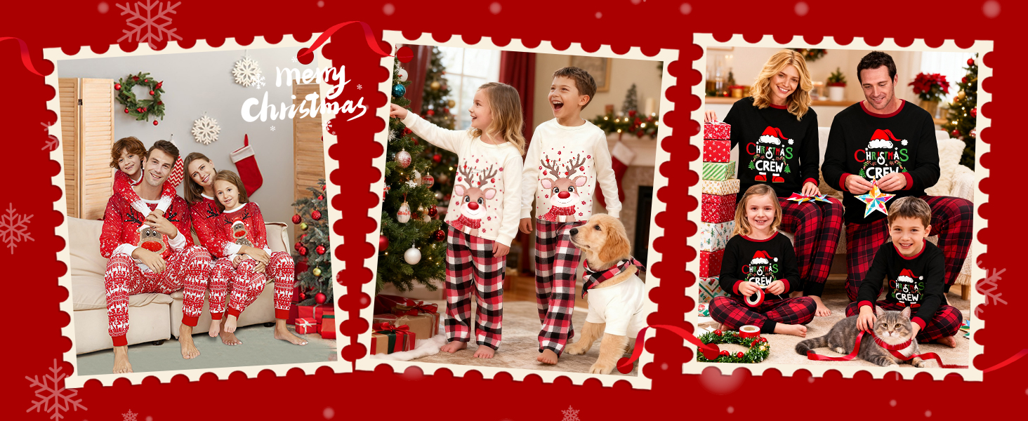 Banner horizontal con múltiples marcos estilo sello postal con escenas navideñas, dispuestos sobre un fondo rojo con motivos decorativos de copos de nieve.