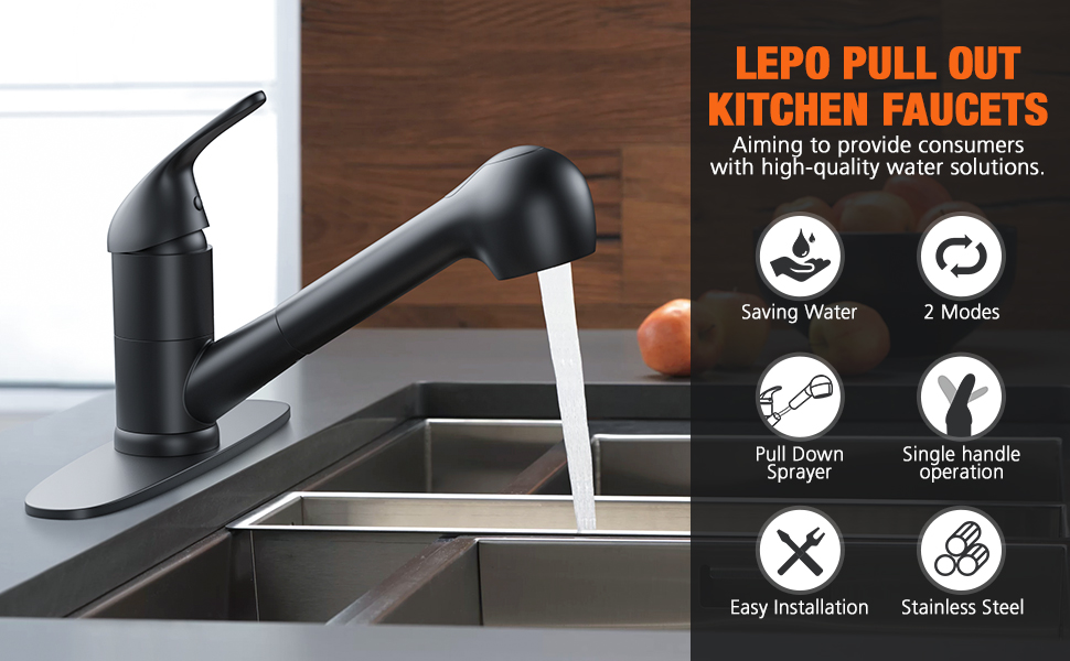 LEPO Pull Out Kitchen Sink Faucets, Single Handle Low Arch Kitchen