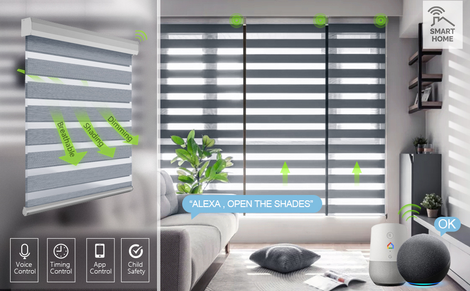 Yoolax Motorized Custom Zebra Blinds Works with Alexa Smart Day and