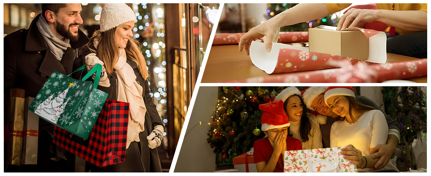 Collage of holiday gift shopping and wrapping scenes, featuring shopping bags, wrapped presents, and gift preparation moments against festive Christmas decorations.