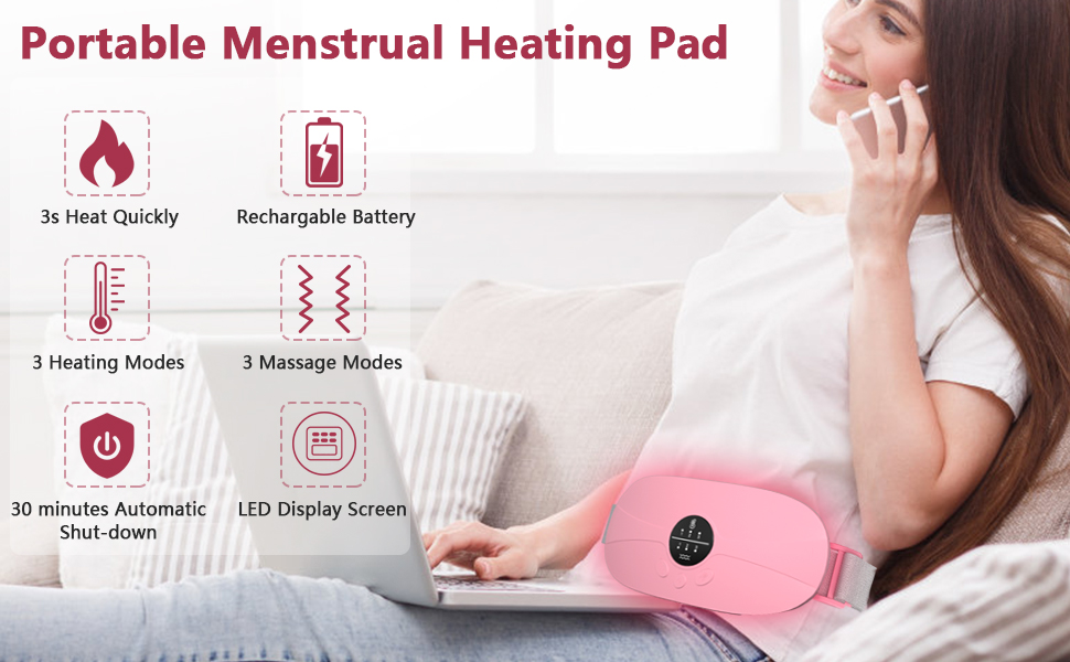 Portable Menstrual Heating Pad, KBCASE Period Cramp Heat Pad with 3 Setting Levels Fast Heating
