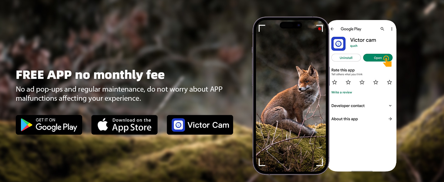 Mobile app interface showing pet monitoring features, with app store download buttons and a smartphone display showing a cat outdoors.
