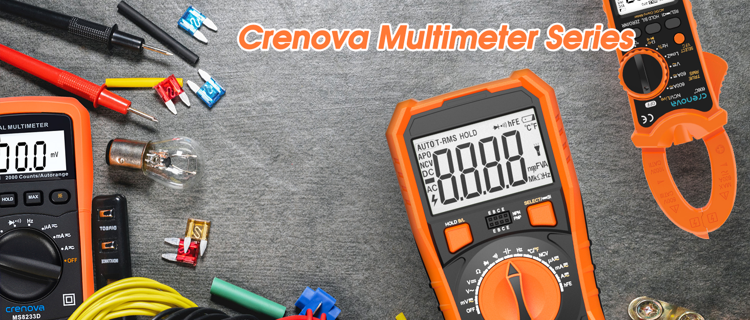 Assortment of digital multimeters and electrical tools including orange clamp meter, probes, and wires on a concrete surface.