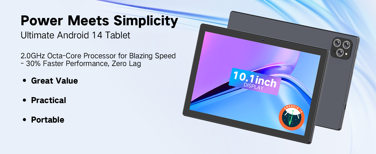 FIEKVE Android Tablet, 10.1  Android 14 Tablet, gaming wifi tablet pc