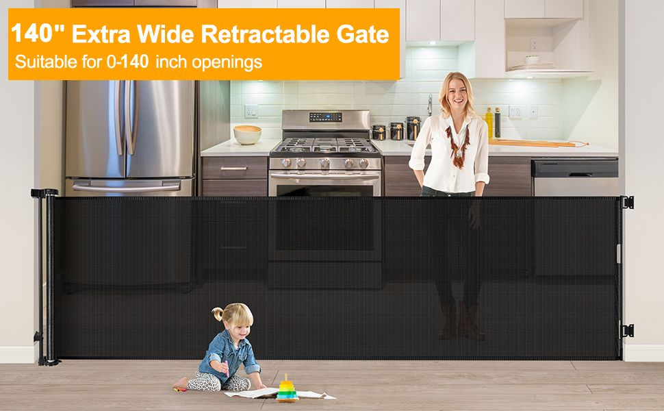 140 Inch Retractable Dog Gate Extra Wide Dog Gates for Large Openings Retractable