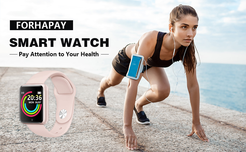 Forhapay smart watch with pink band and colorful display. Showcased alongside an athlete in starting position, emphasizing health tracking features.