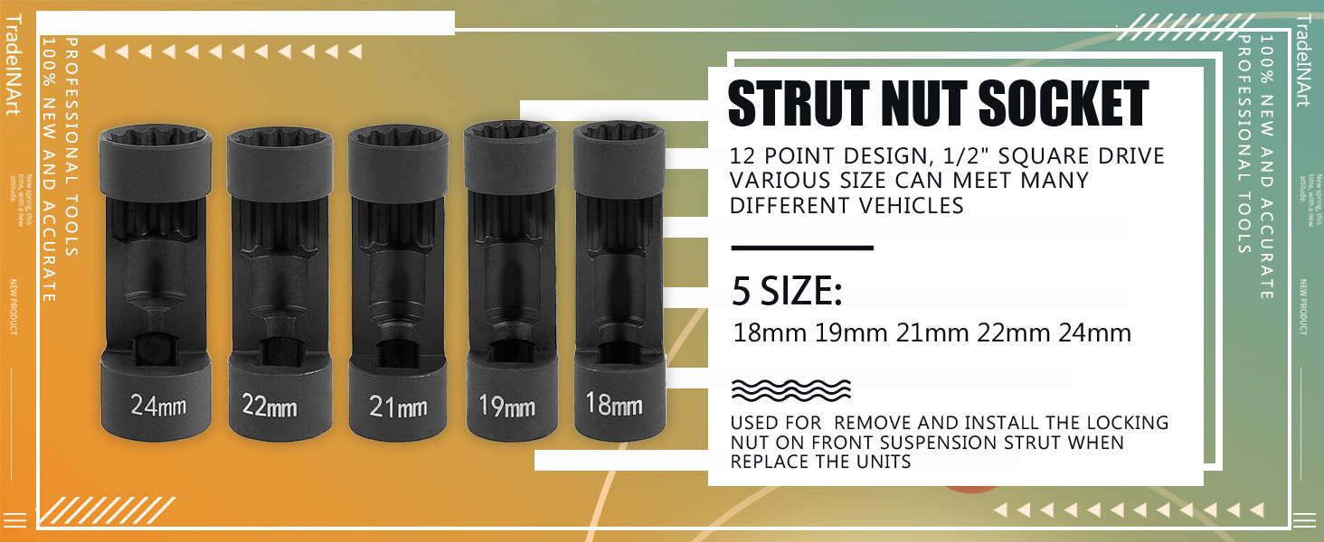 TradeINArt 5pcs Strut Nut Socket 18mm 19mm 21mm 22mm 24mm