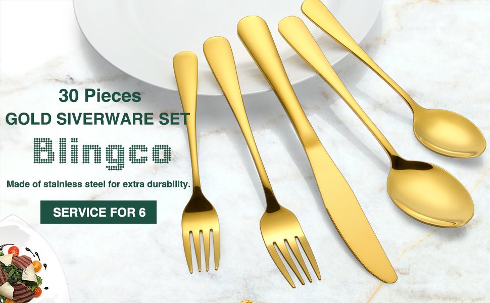 30Piece Gold Silverware Set, Blingco Gold Flatware Set for