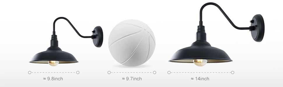 The 10 inch dome and 14 inch dome barn light fixture's dimensional contrast diagram.